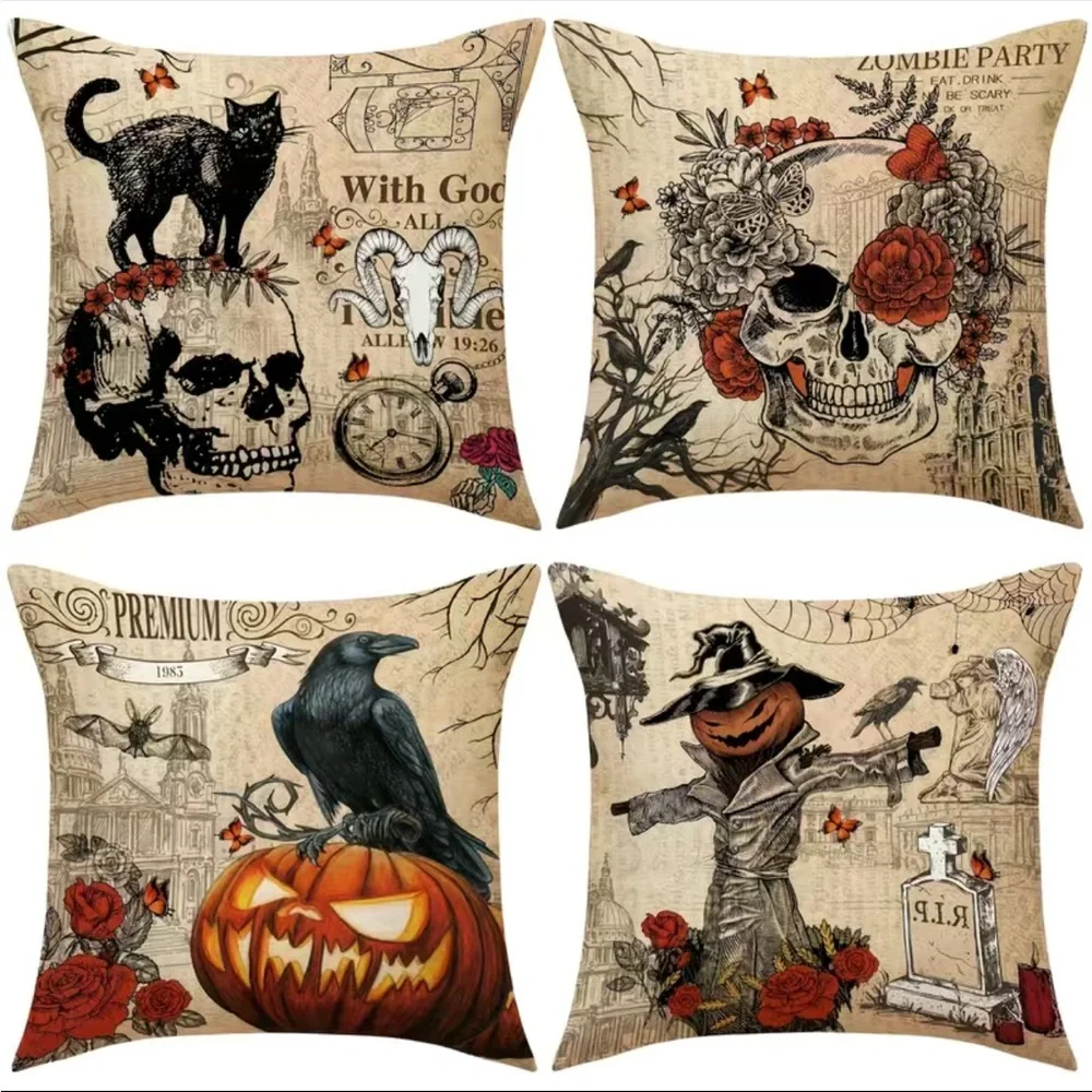 4pcs Vintage Halloween Throw Pillow Covers For Black Cat/Crow/Pumpkin/Skull Thro